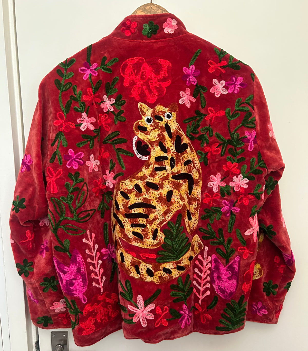 Ruby/ Deep Red Embroidered Velvet Tiger Jacket
