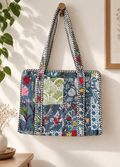 Blue & Grey Patchwork Floral Small Quilted Tote Bag – Clearance