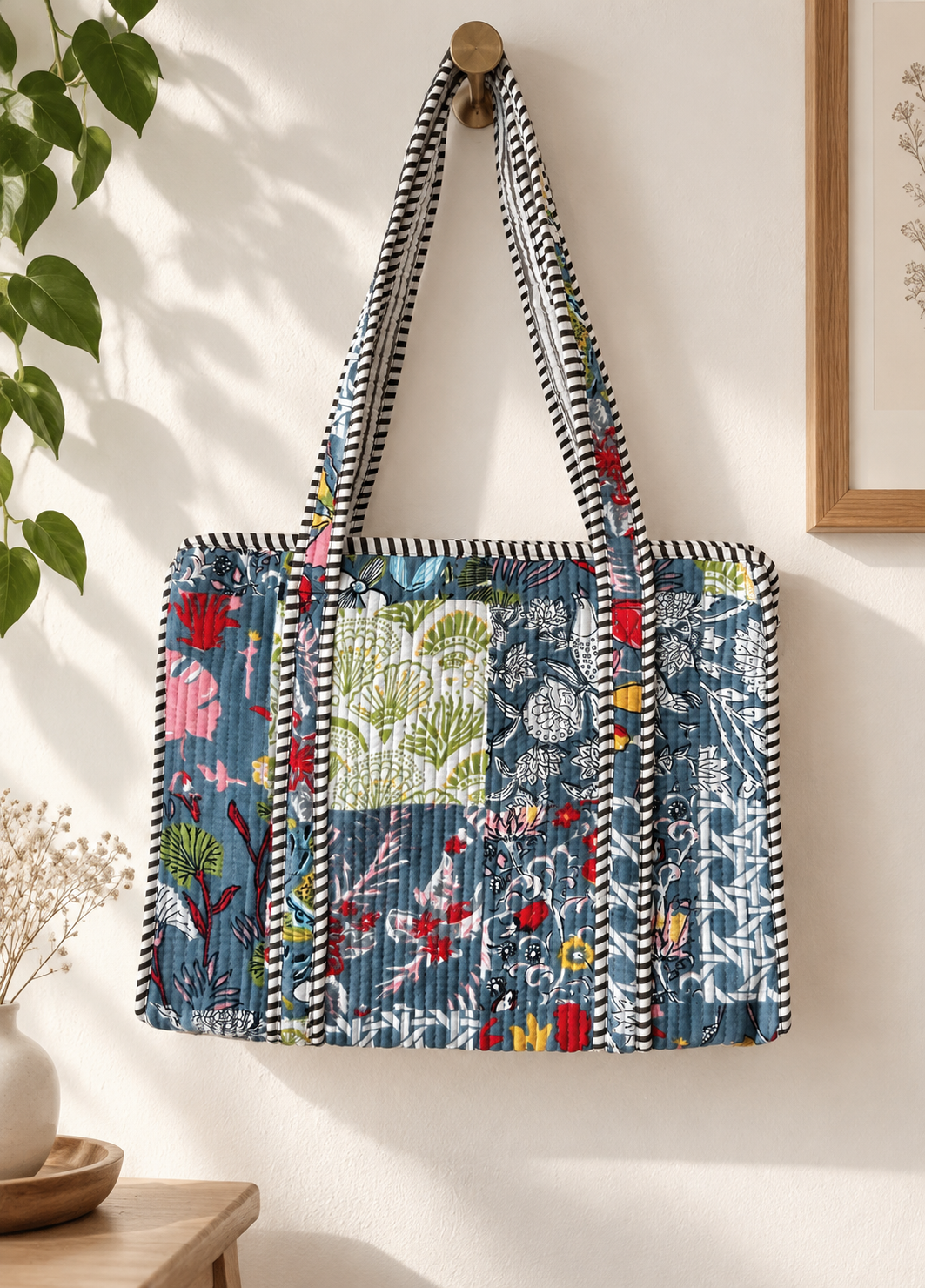 Blue & Grey Patchwork Floral Small Quilted Tote Bag – Clearance