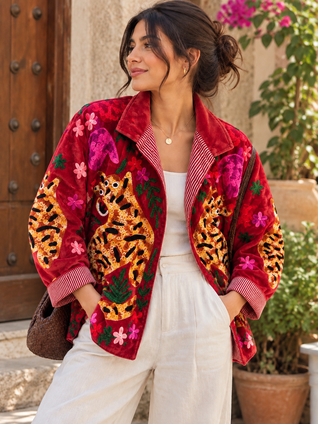 Ruby/ Deep Red Embroidered Velvet Tiger Jacket