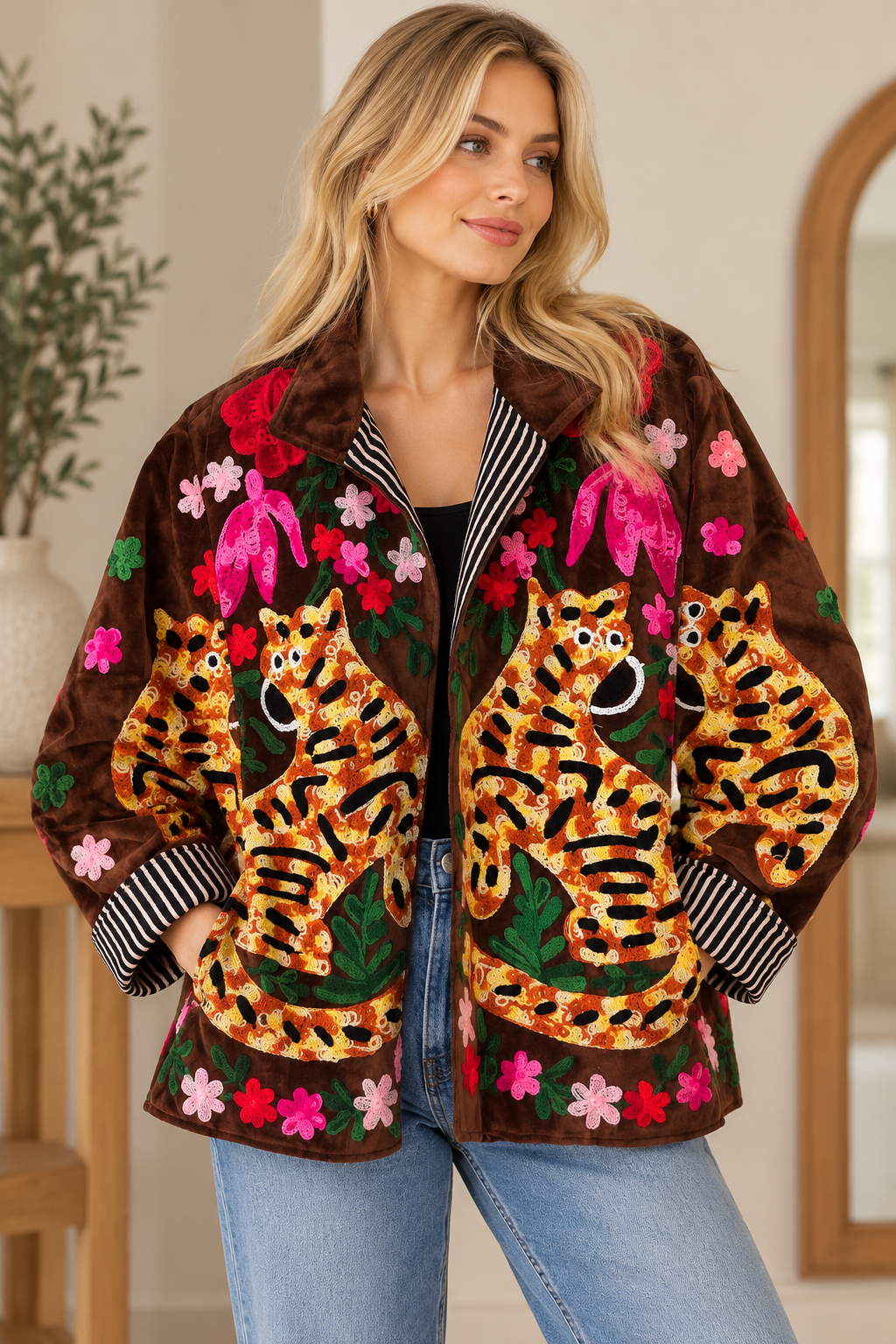 Tiger Garden Embroidered Velvet Jacket
