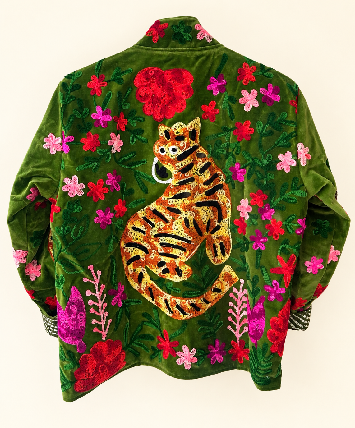 Olive Green Velvet Tiger Embroidered Jacket