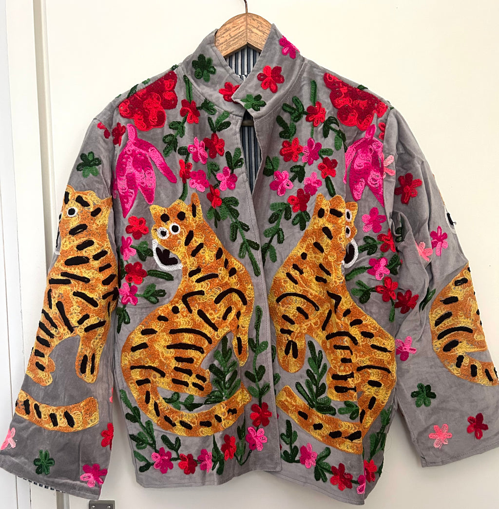 Freyloom Grey Floral Quilted Jacket - Handmade Cotton Outwear Coat