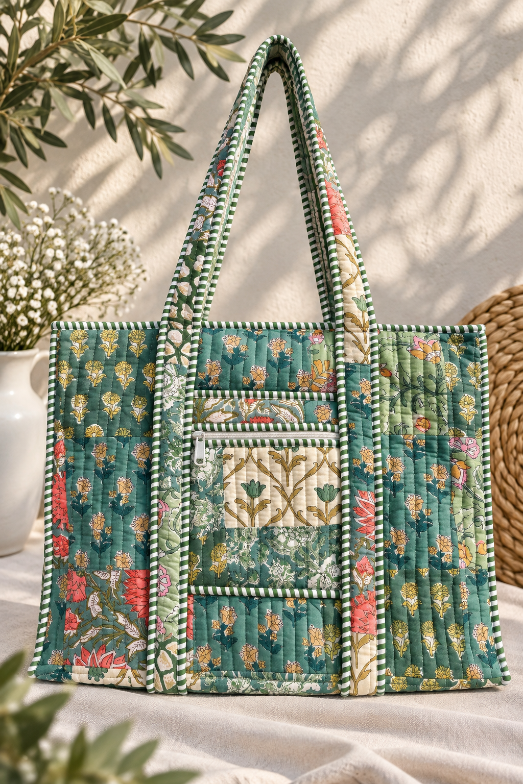 Freyloom Floral Patchwork Tote Bag - Handmade Quilted Cotton Everyday Shoulder Bag