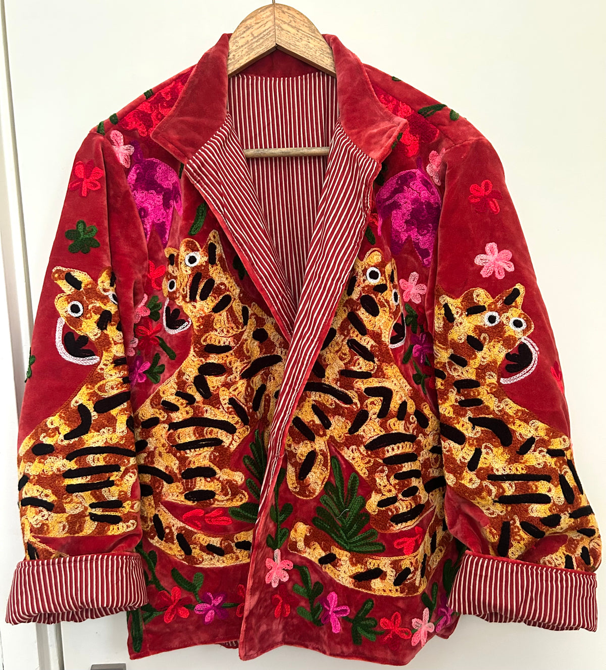 Ruby/ Deep Red Embroidered Velvet Tiger Jacket