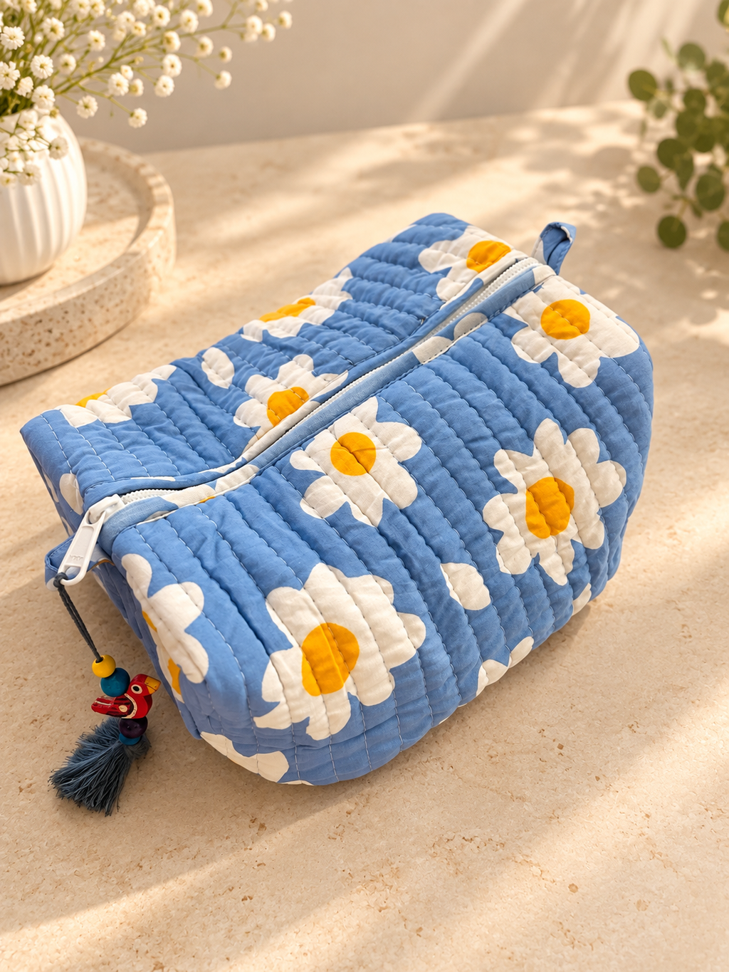 Freyloom Blue Daisy Quilted Wash Bag- Handmade Cotton Makeup and Toiletry Pouch