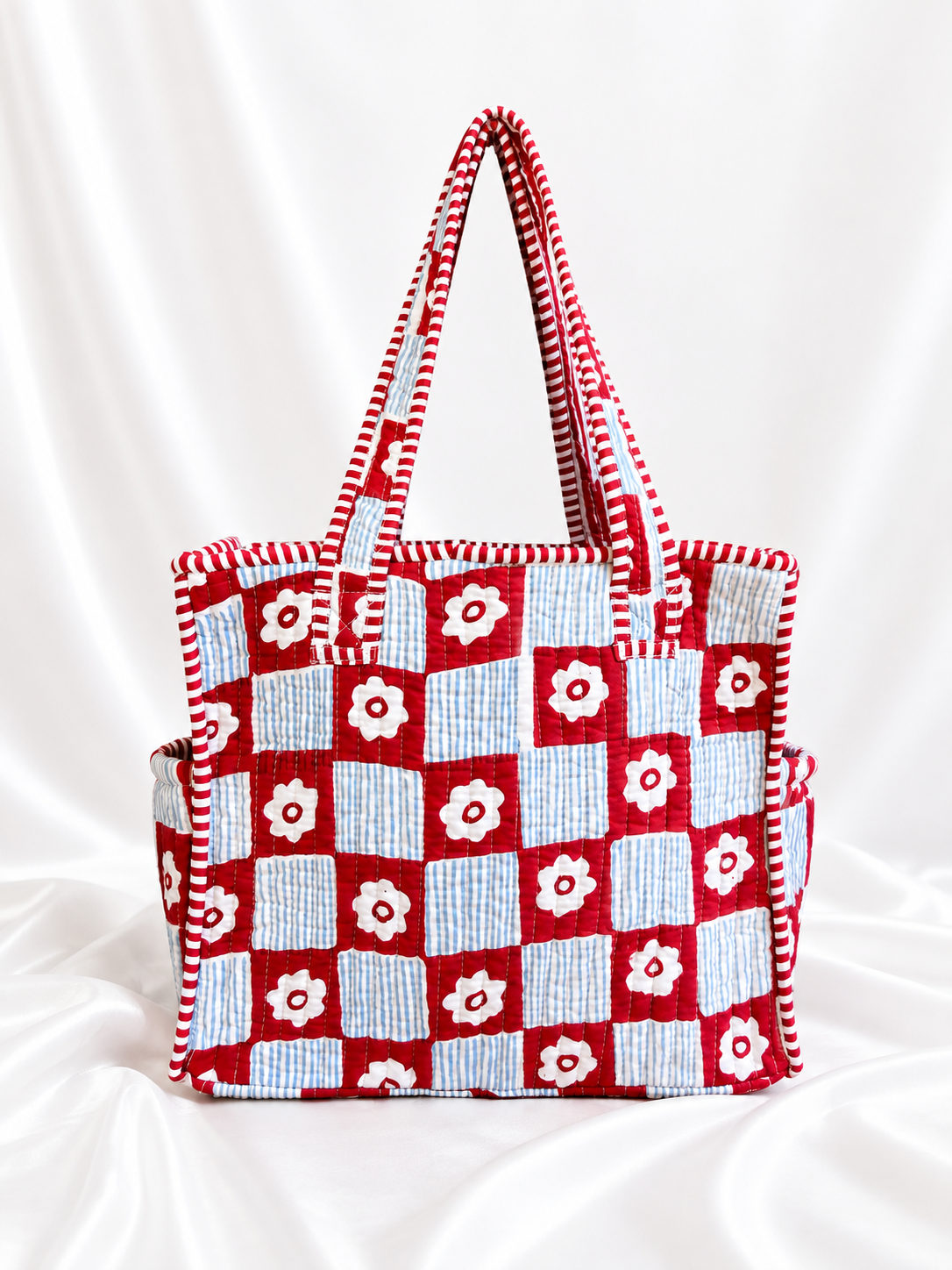 Red & Blue Floral Quilted Small Tote Bag
