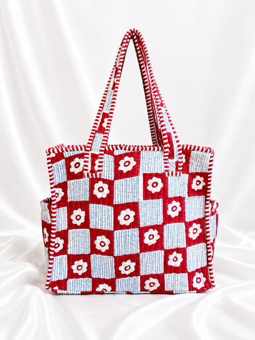 Red & Blue Floral Quilted Small Tote Bag