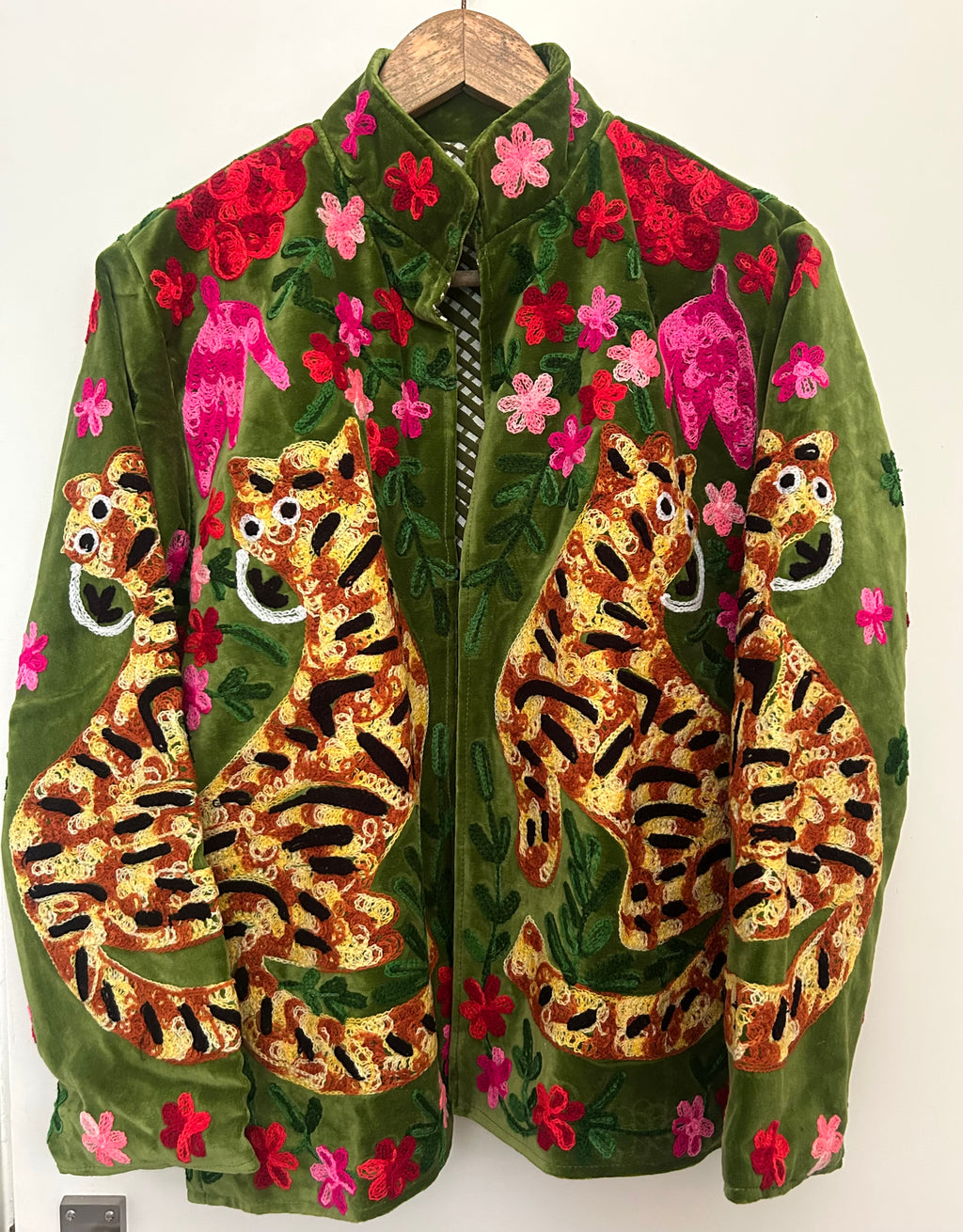 Olive Green Velvet Tiger Embroidered Jacket