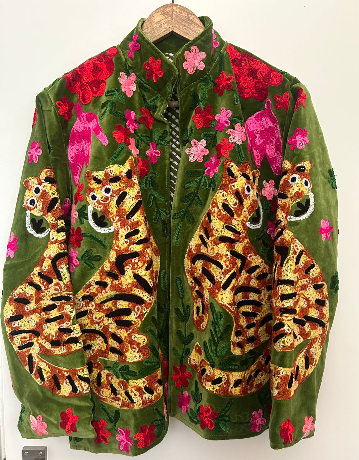 Olive Green Velvet Tiger Embroidered Jacket