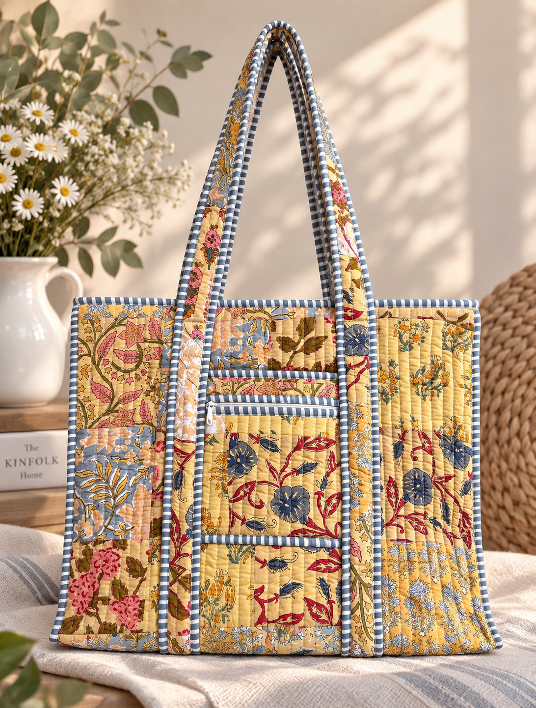 Freyloom Floral Patchwork Tote Bag - Handmade Quilted Cotton Everyday Shoulder Bag