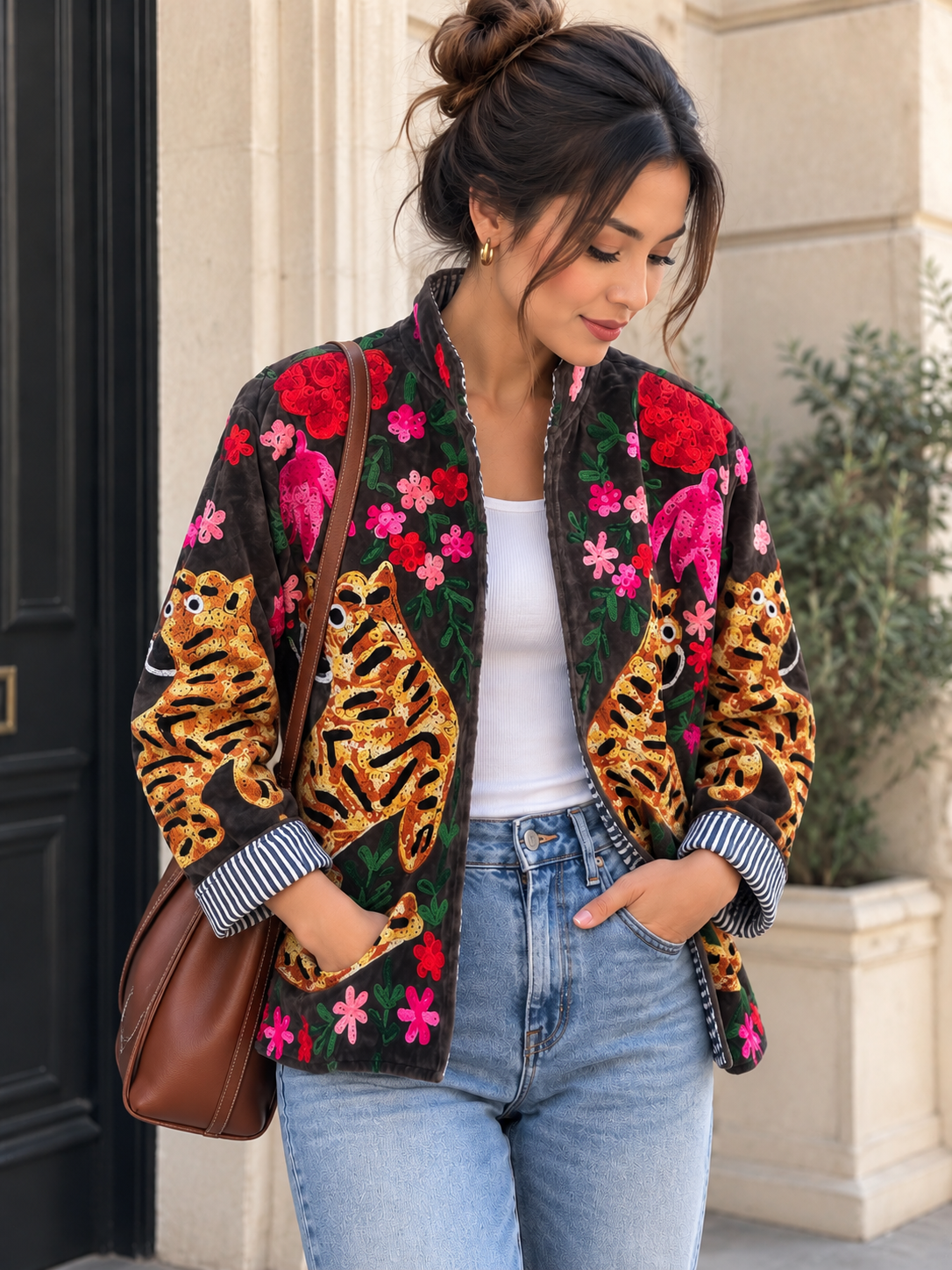 Hand-Embroidered Tiger Velvet Jacket | Floral Statement Jacket