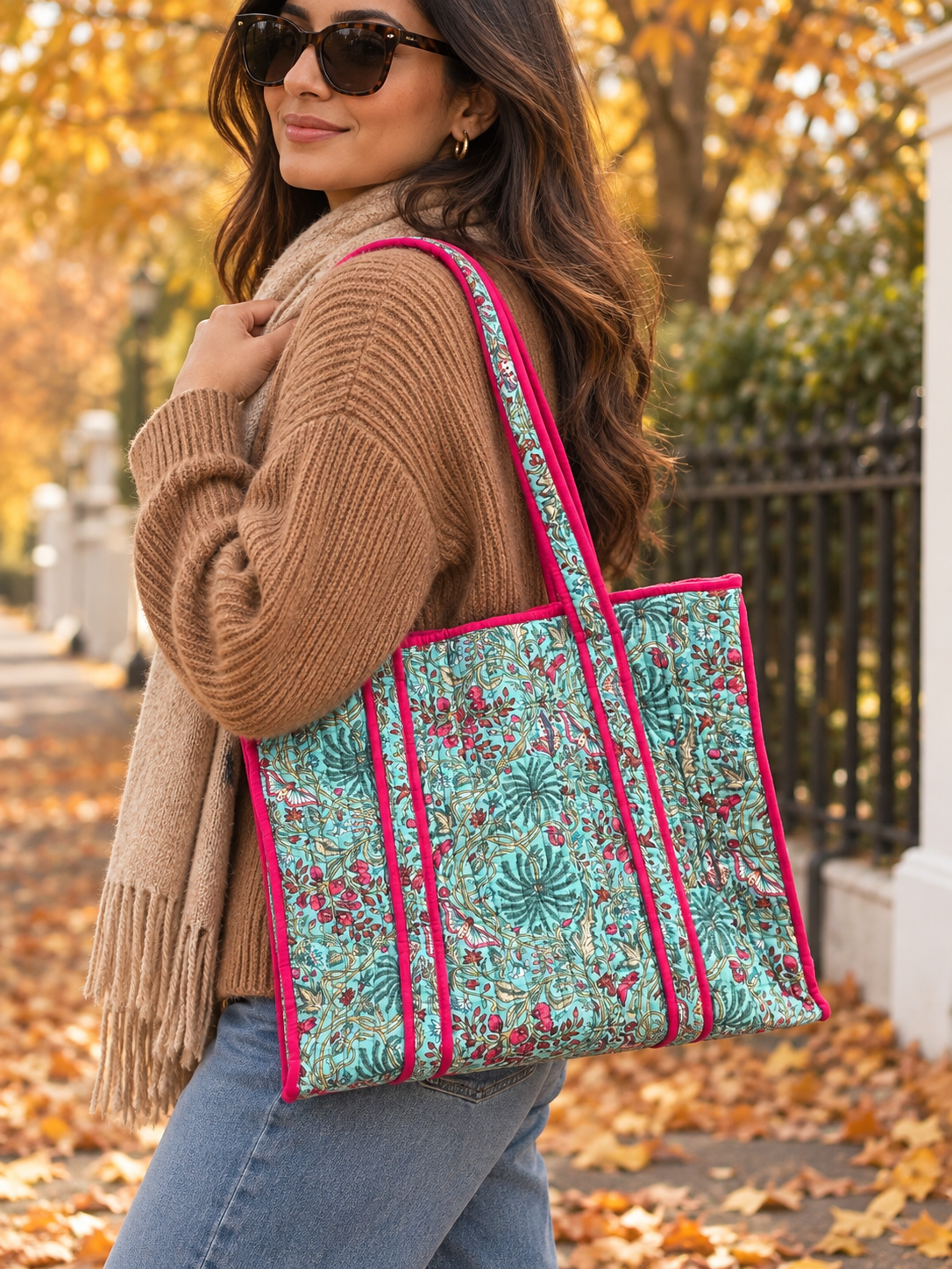 Turquoise Floral Quilted Tote Bag