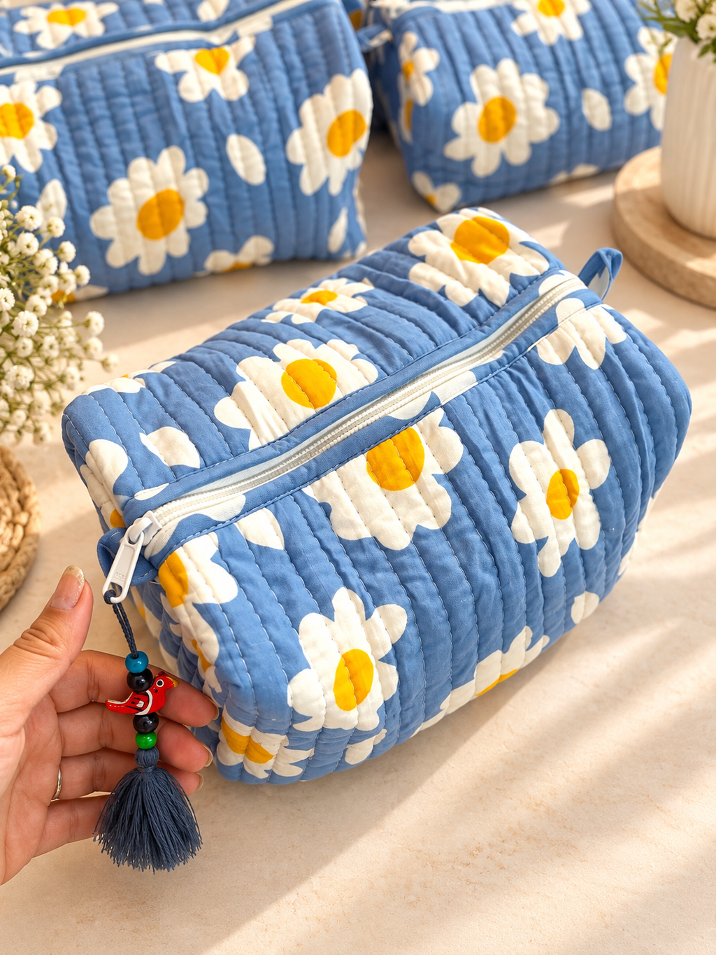 Freyloom Blue Daisy Quilted Wash Bag- Handmade Cotton Makeup and Toiletry Pouch
