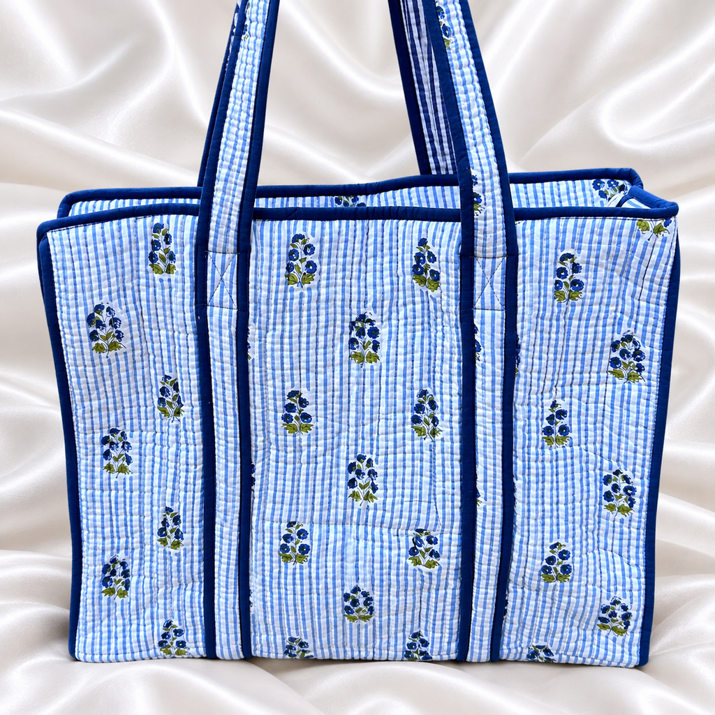 Blue Floral Quilted Tote Bag