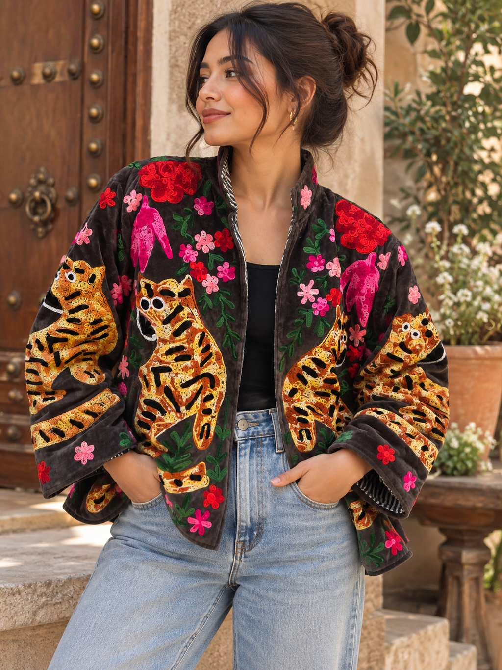 Hand-Embroidered Tiger Velvet Jacket | Floral Statement Jacket
