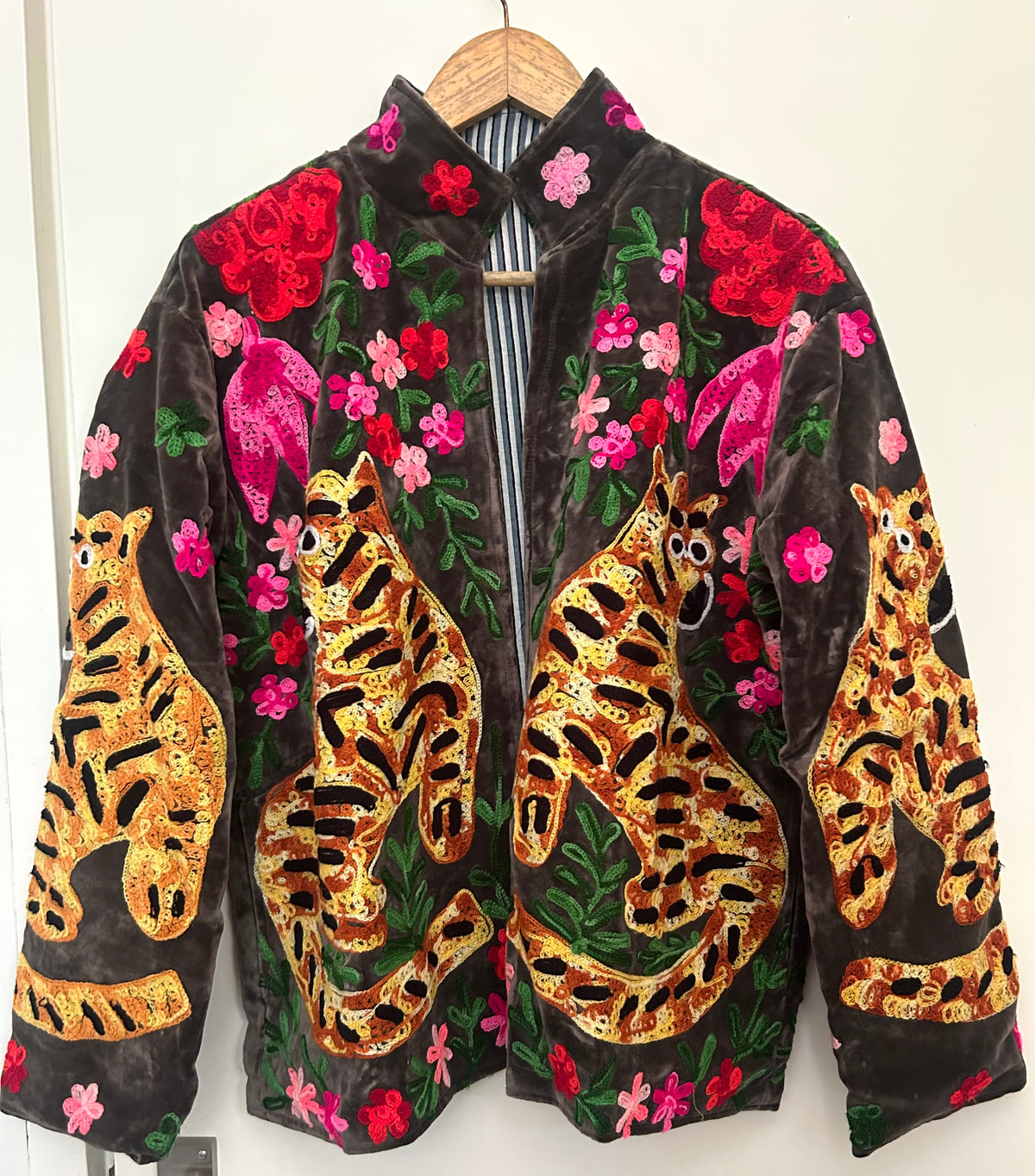 Hand-Embroidered Tiger Velvet Jacket | Floral Statement Jacket