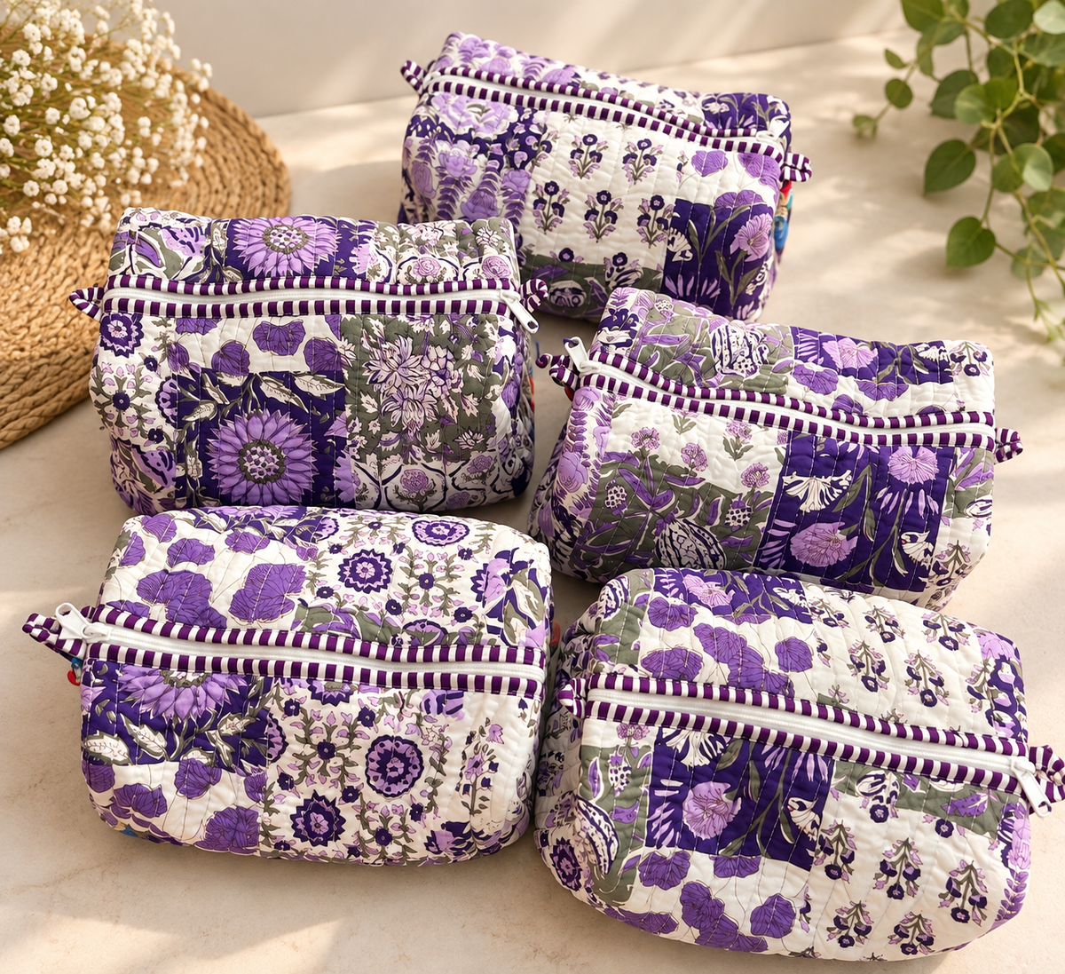 Purple Floral Quilted Wash Bag