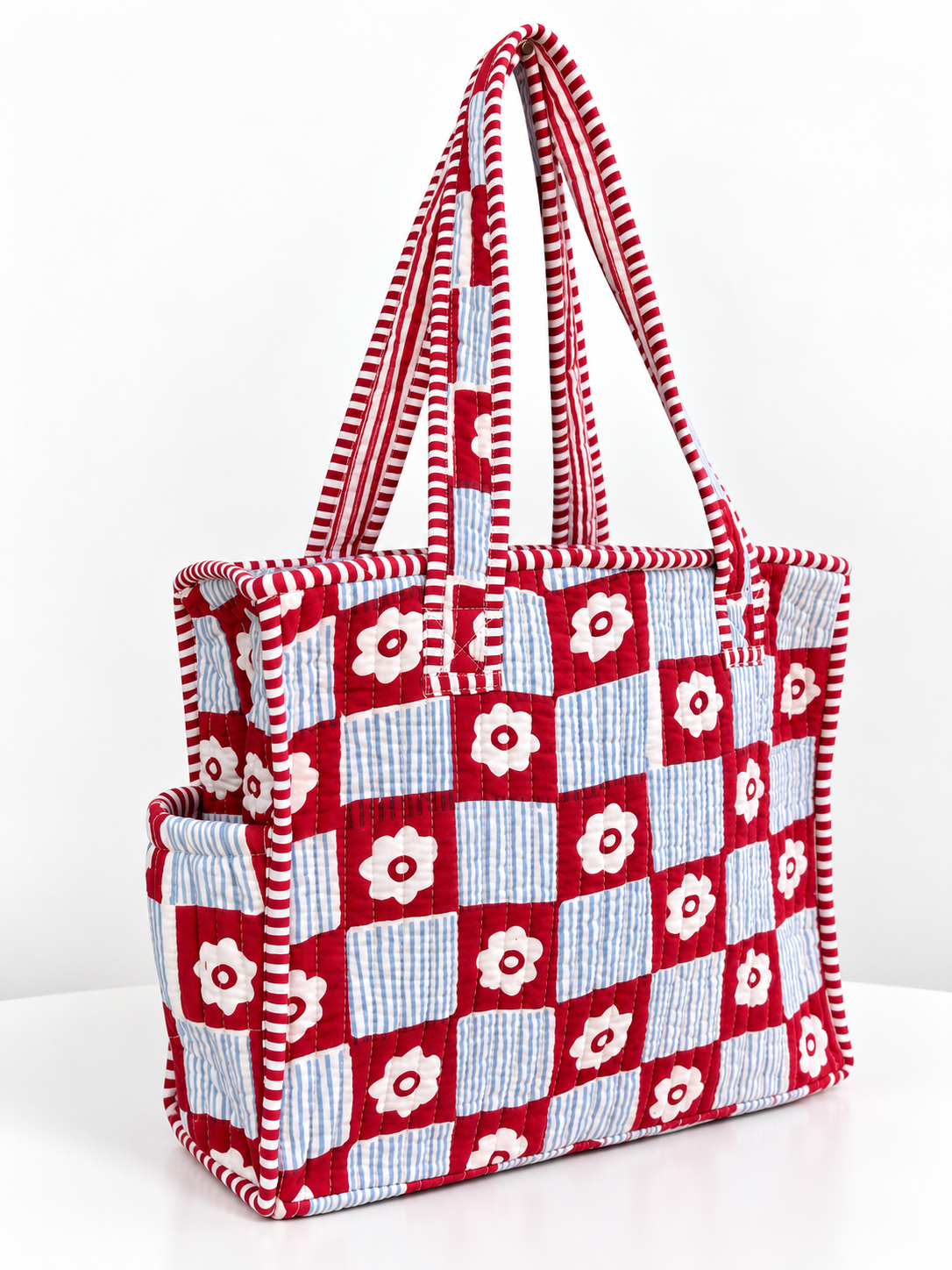 Red & Blue Floral Quilted Small Tote Bag