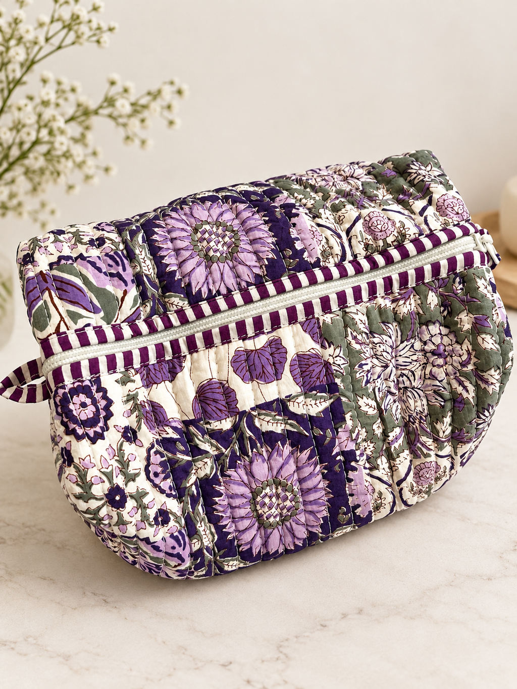 Purple Floral Quilted Wash Bag
