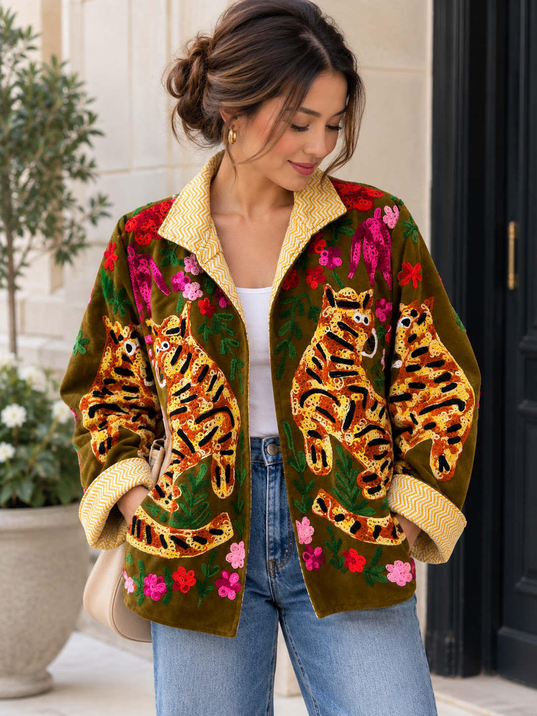 Embroidered Tiger Velvet Jacket – Olive