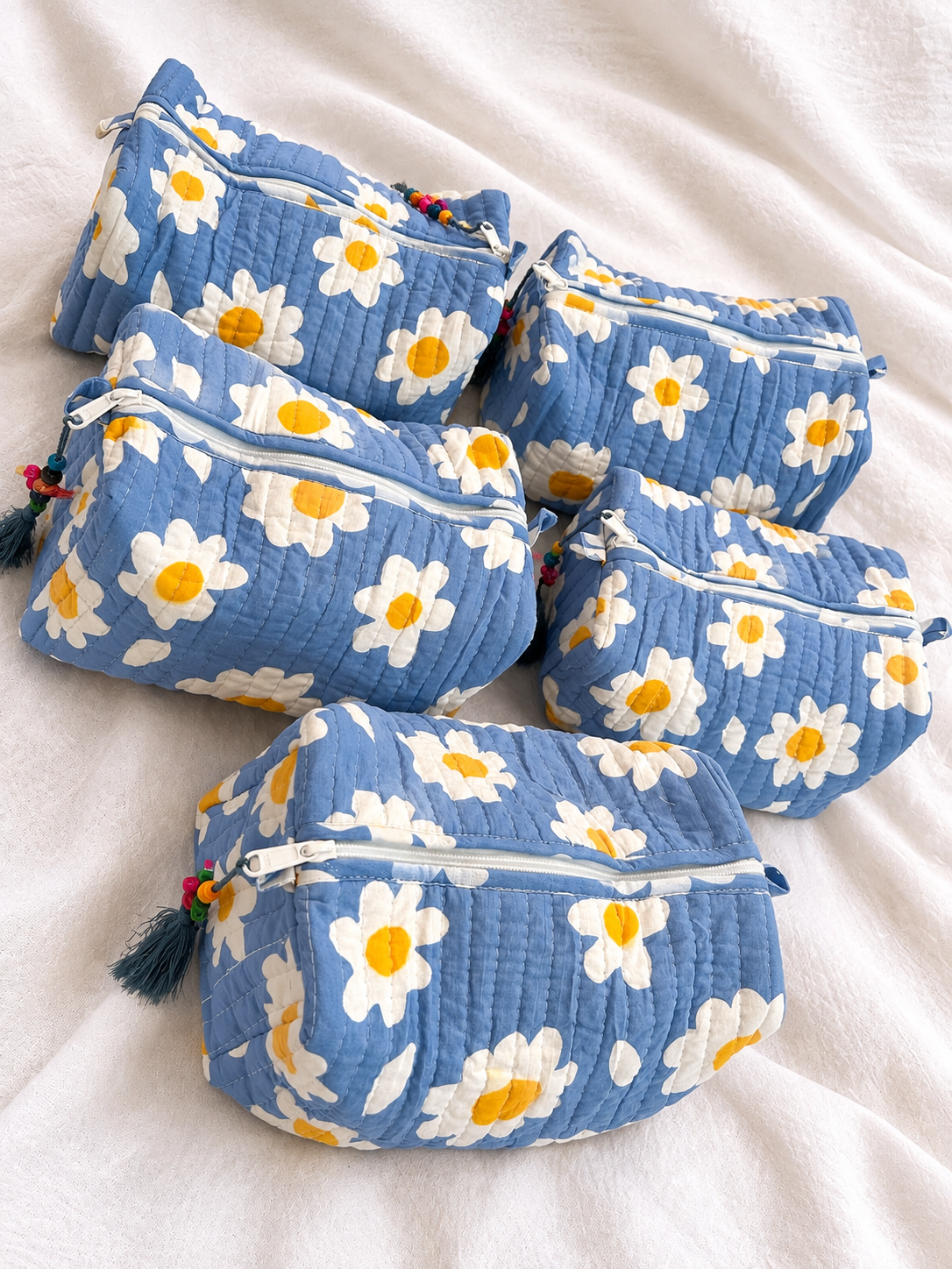 Freyloom Blue Daisy Quilted Wash Bag- Handmade Cotton Makeup and Toiletry Pouch