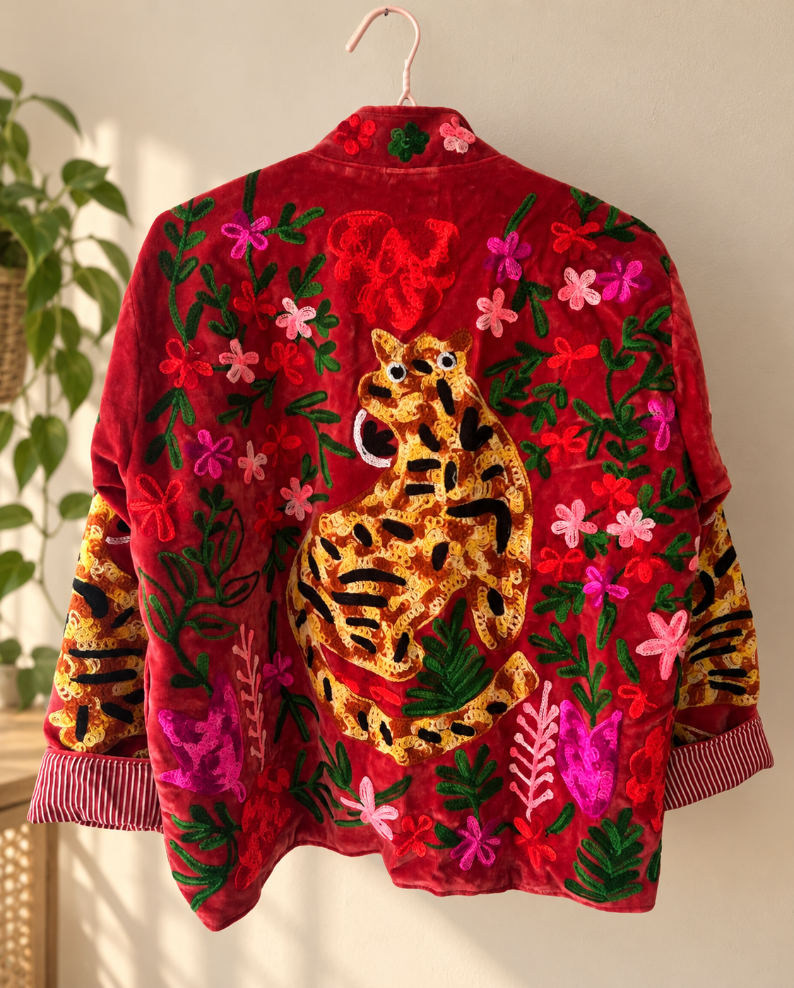 Ruby/ Deep Red Embroidered Velvet Tiger Jacket