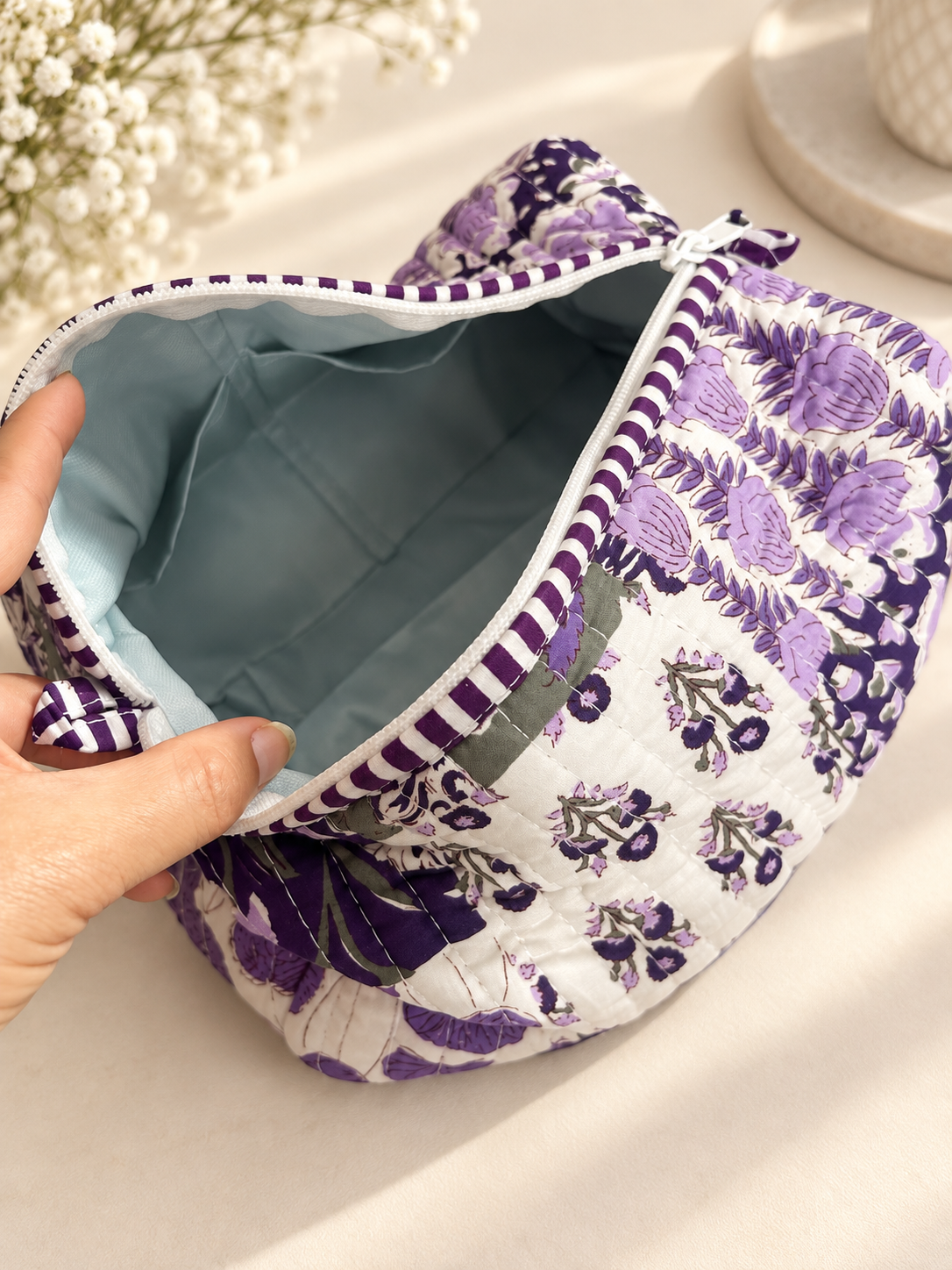 Purple Floral Quilted Wash Bag