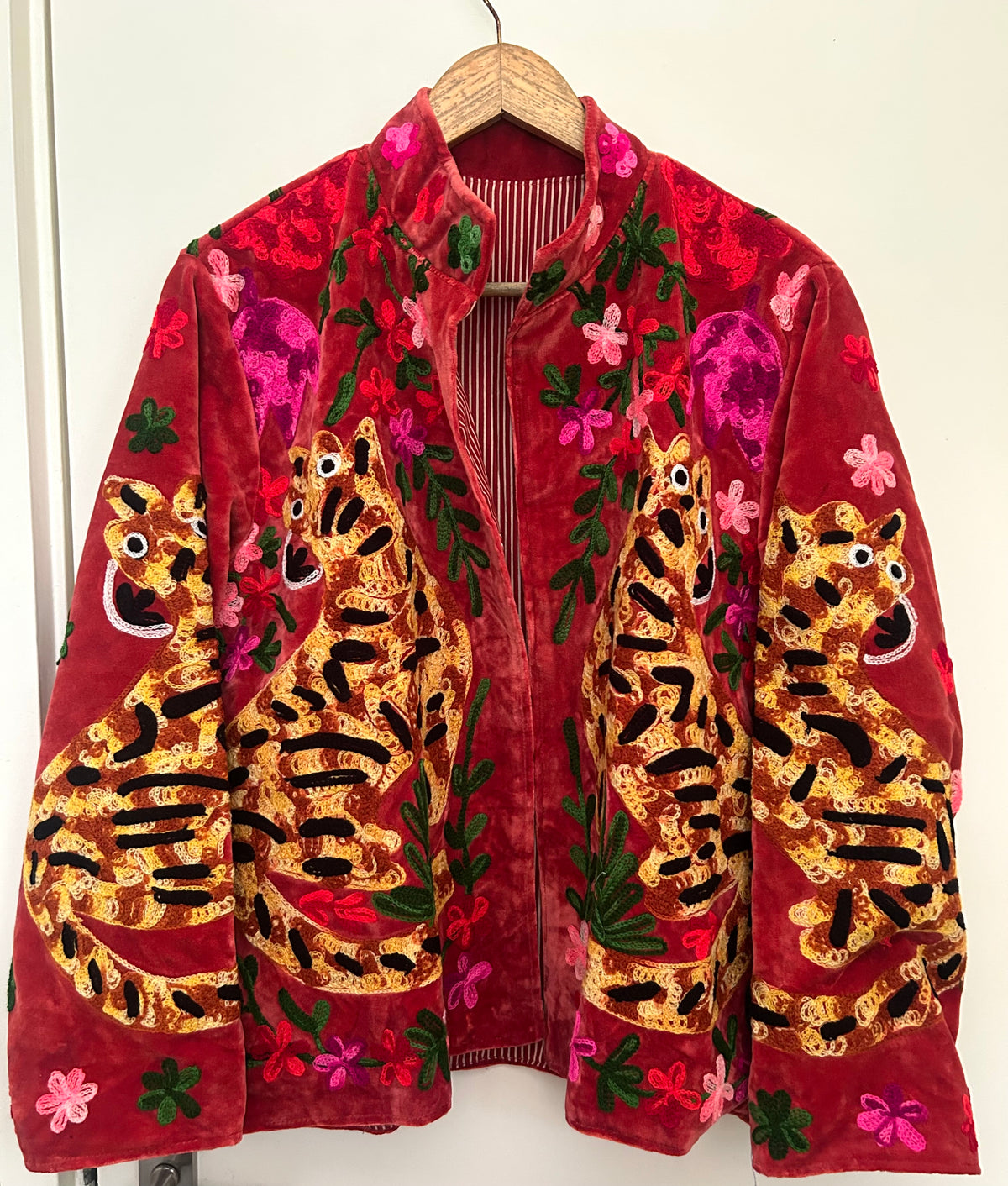 Ruby/ Deep Red Embroidered Velvet Tiger Jacket