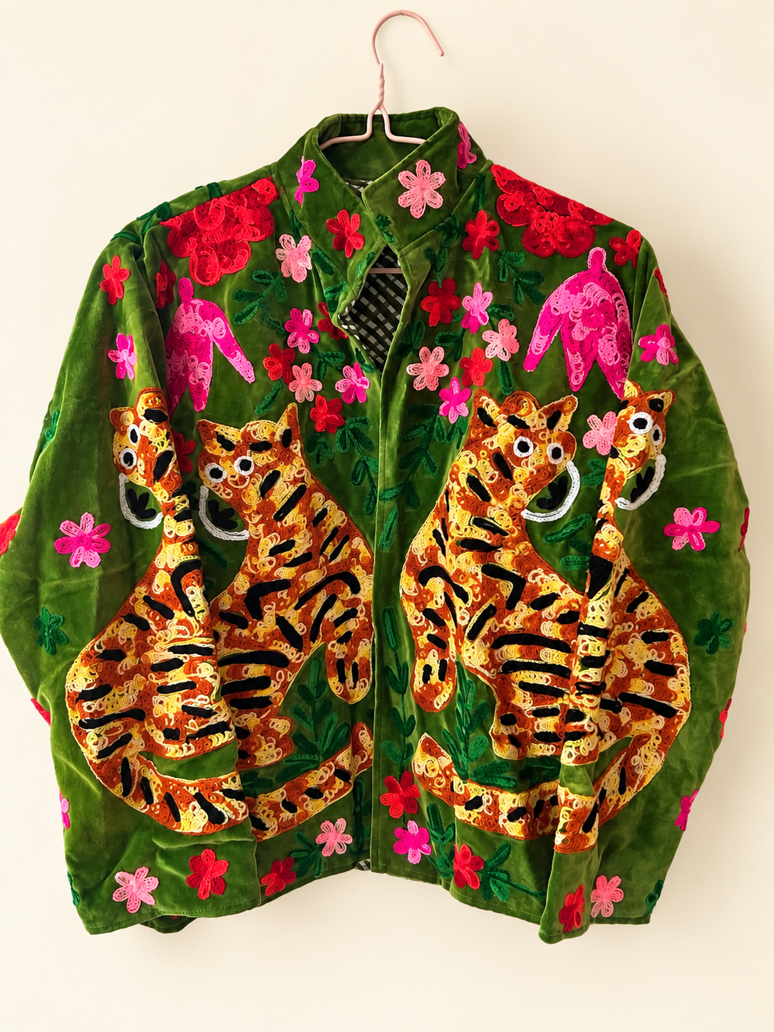 Olive Green Velvet Tiger Embroidered Jacket