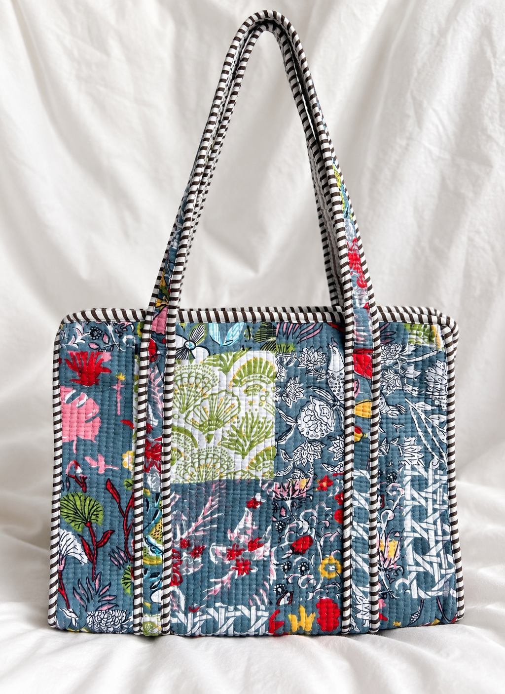 Blue & Grey Patchwork Floral Small Quilted Tote Bag – Clearance