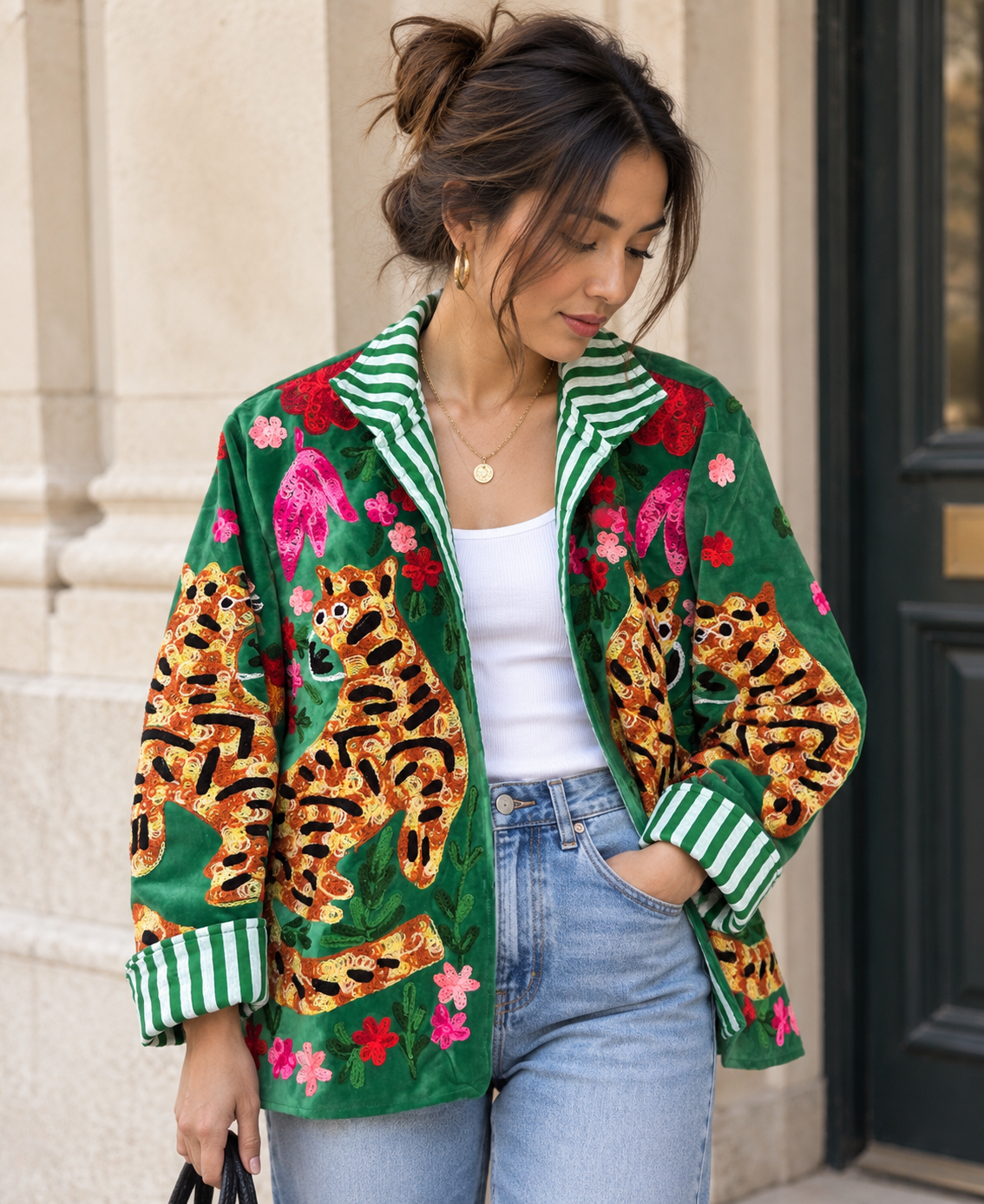 Green Velvet Embroidered Tiger Jacket