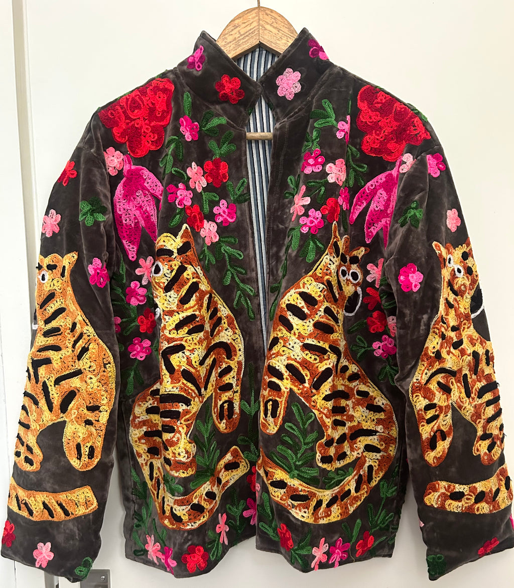 Hand-Embroidered Tiger Velvet Jacket | Floral Statement Jacket