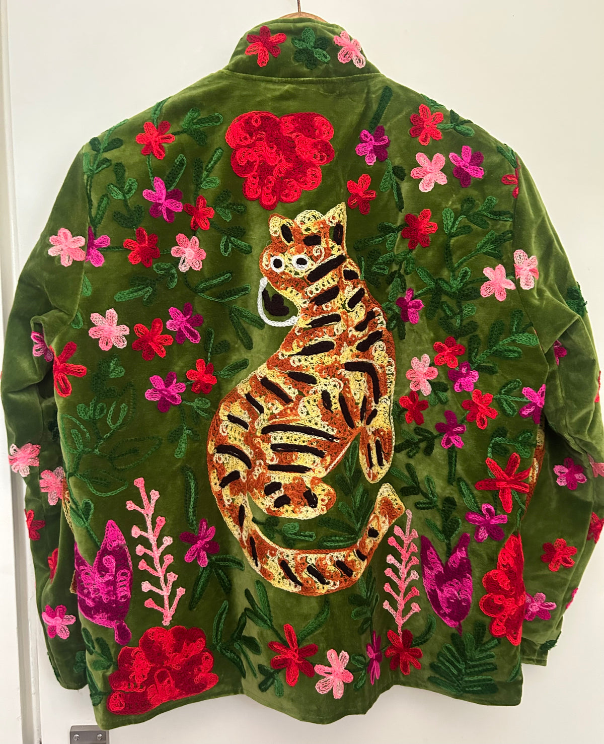 Olive Green Velvet Tiger Embroidered Jacket