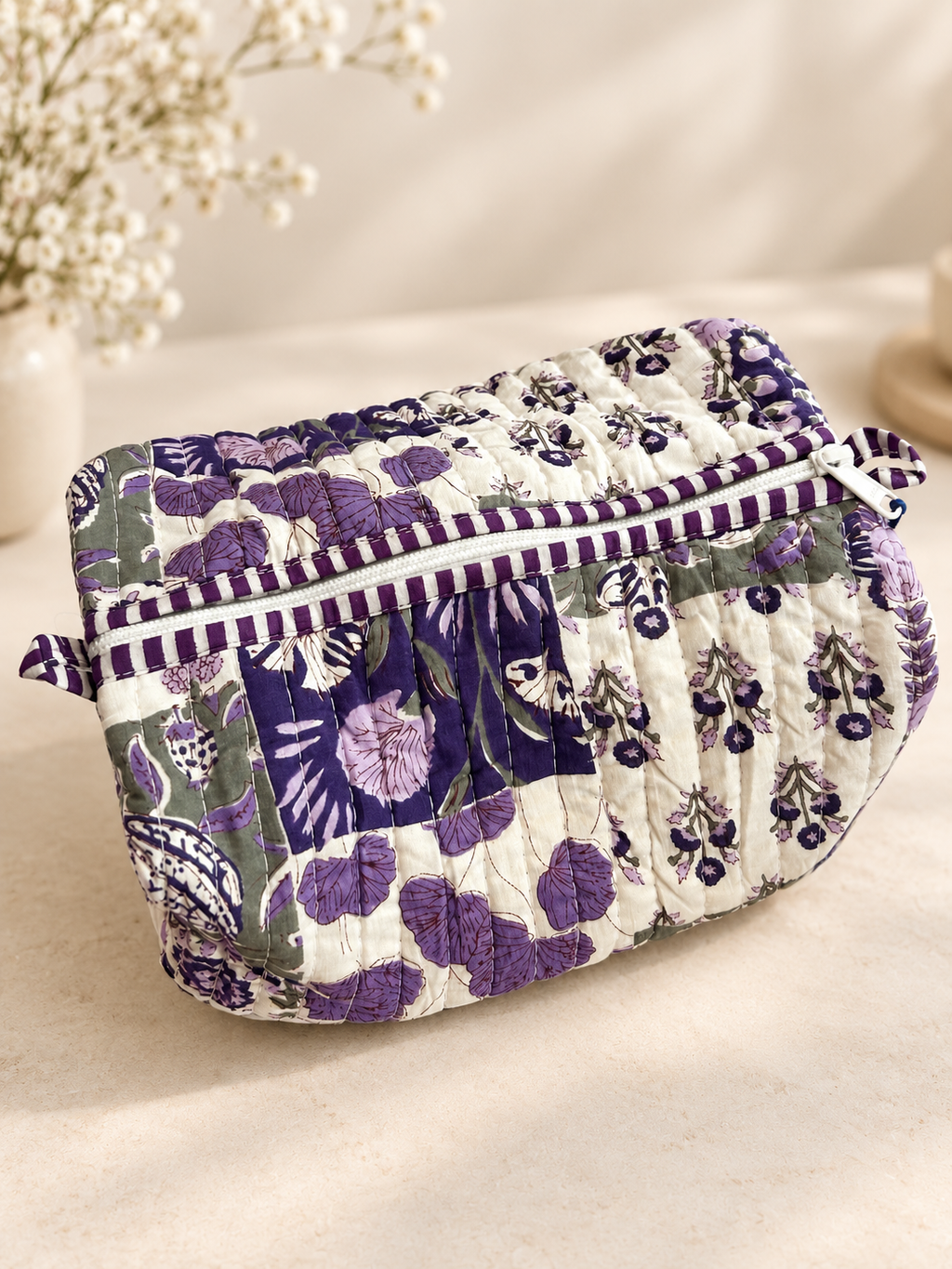 Purple Floral Quilted Wash Bag