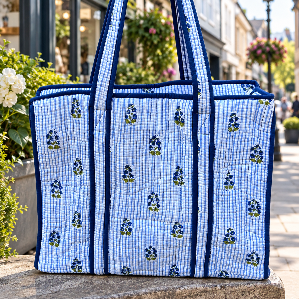 Blue Floral Quilted Tote Bag