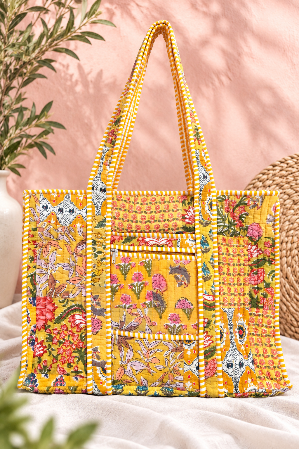 Freyloom Floral Patchwork Tote Bag - Handmade Quilted Cotton Everyday Shoulder Bag