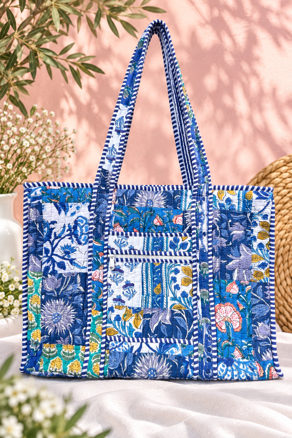 Freyloom Floral Patchwork Tote Bag - Handmade Quilted Cotton Everyday Shoulder Bag