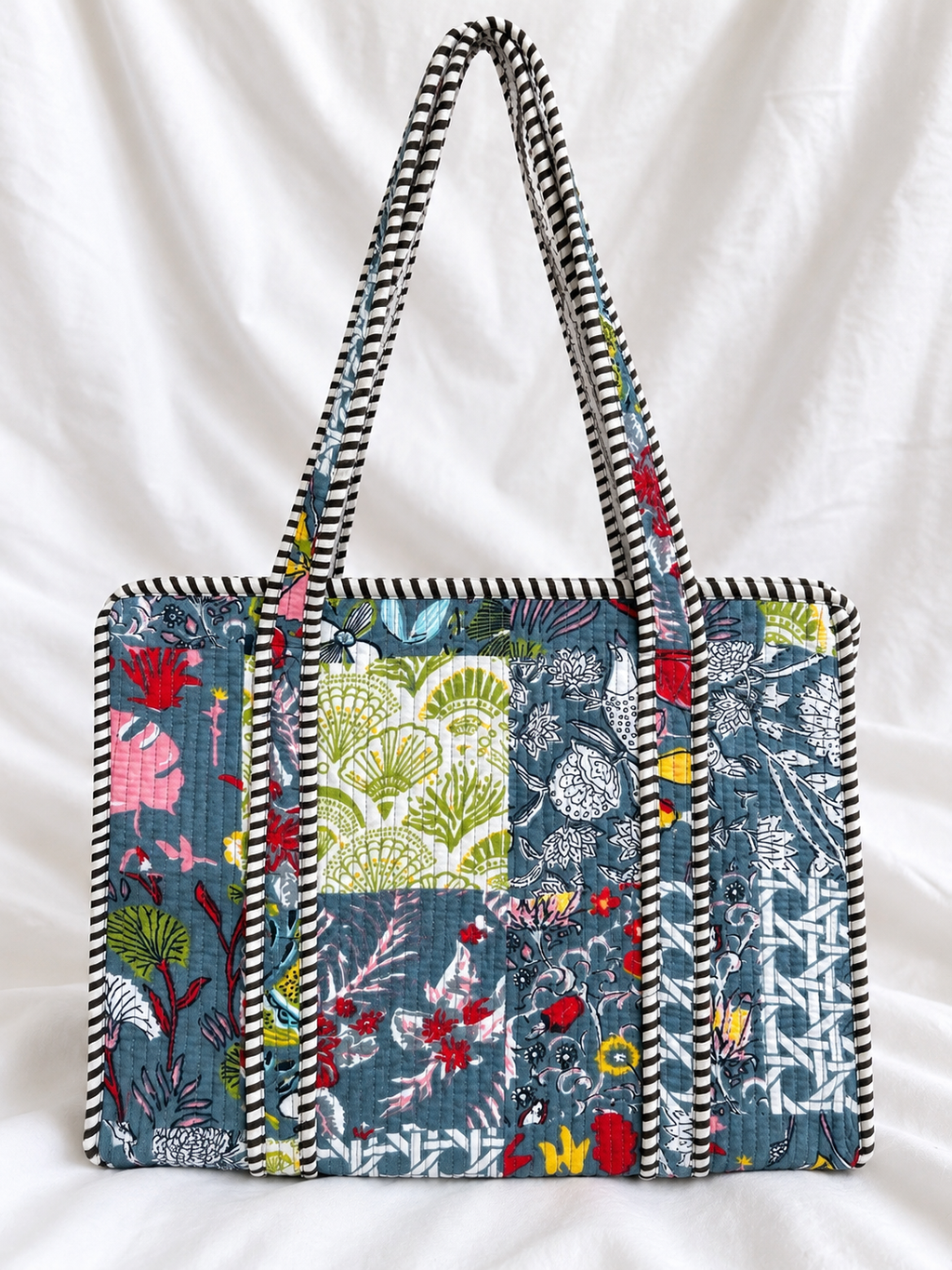 Blue & Grey Patchwork Floral Small Quilted Tote Bag – Clearance