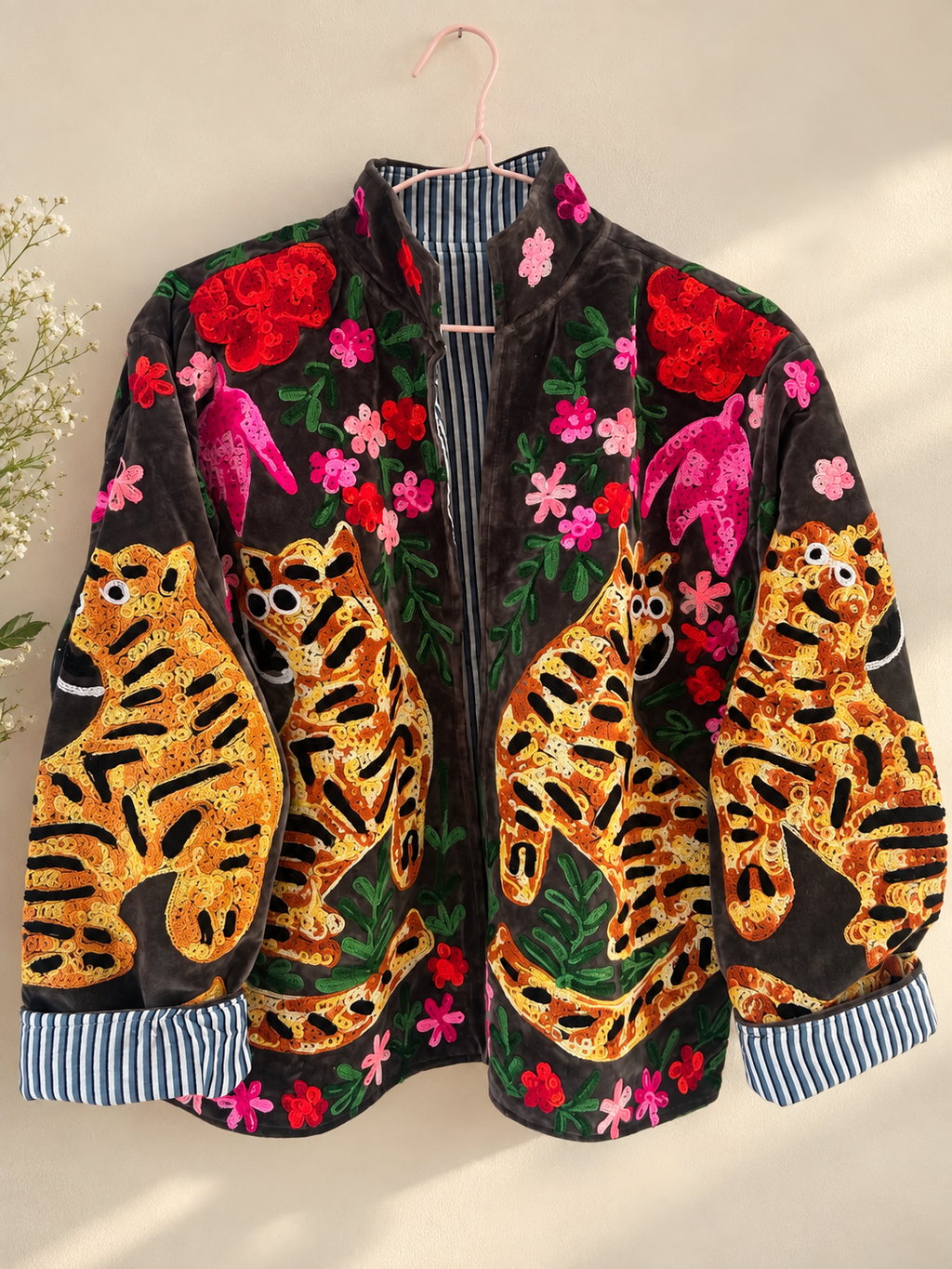 Hand-Embroidered Tiger Velvet Jacket | Floral Statement Jacket