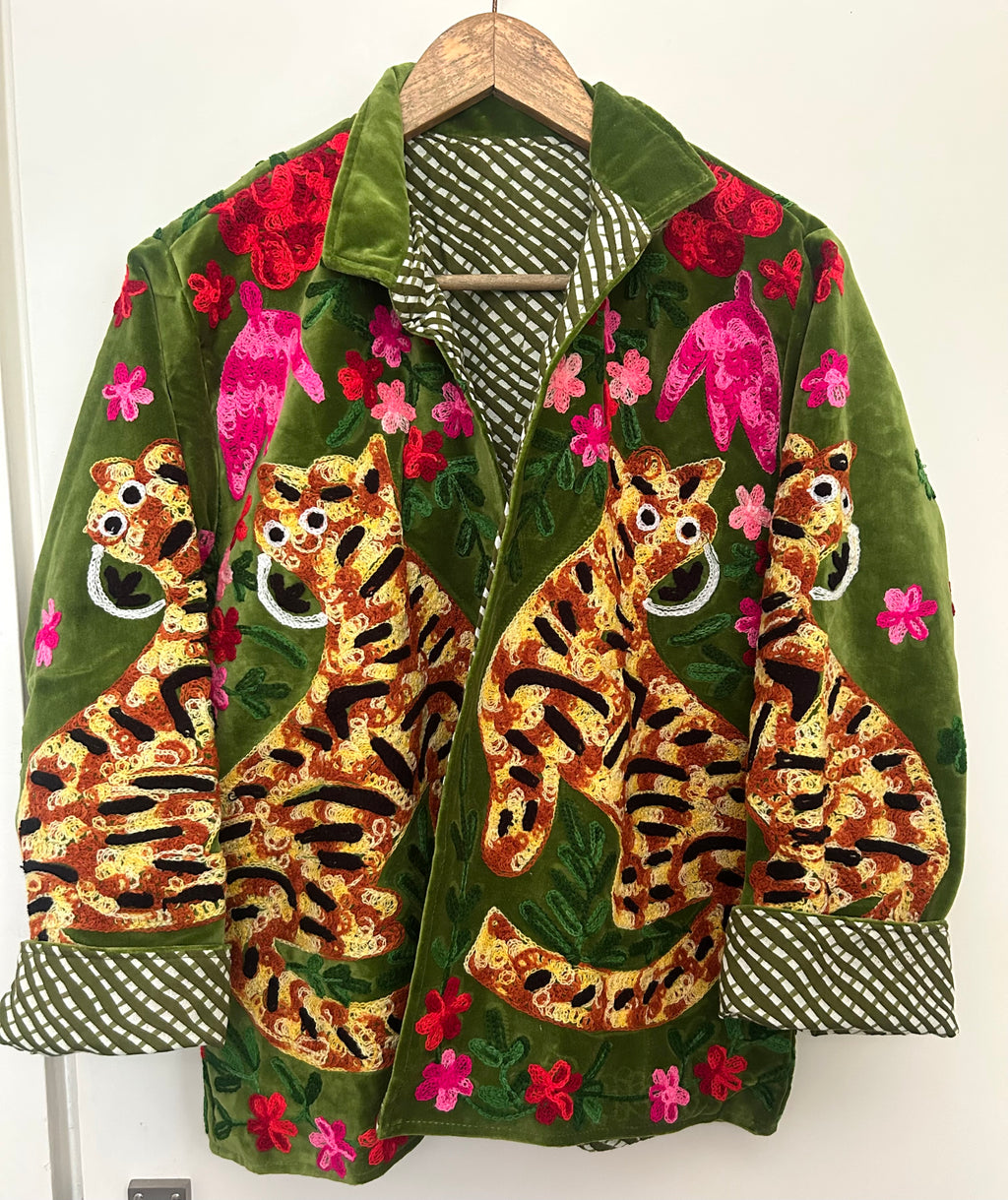 Olive Green Velvet Tiger Embroidered Jacket
