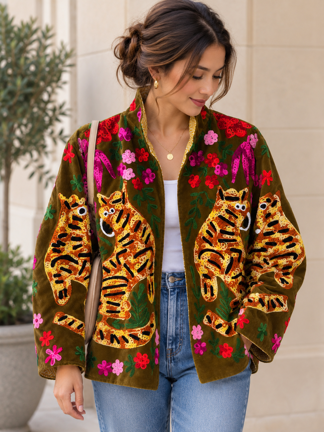 Embroidered Tiger Velvet Jacket – Olive