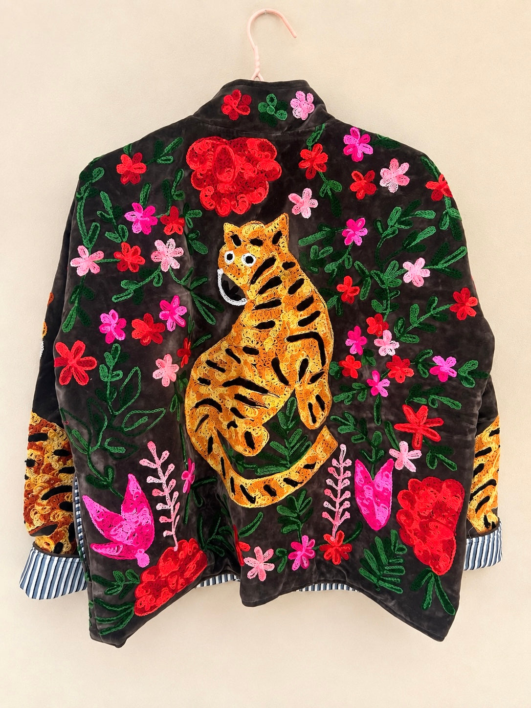 Hand-Embroidered Tiger Velvet Jacket | Floral Statement Jacket