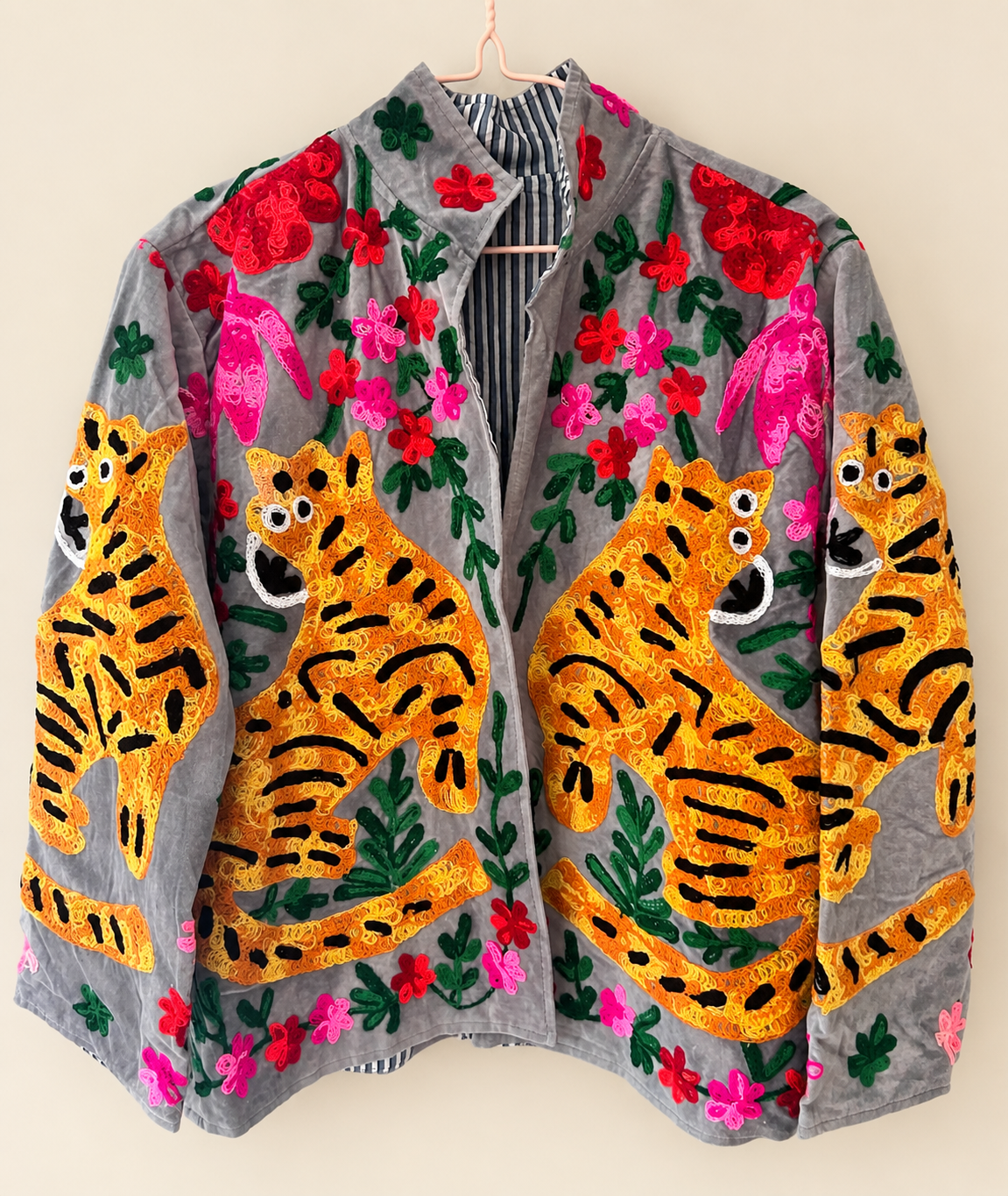 Freyloom Grey Floral Quilted Jacket - Handmade Cotton Outwear Coat