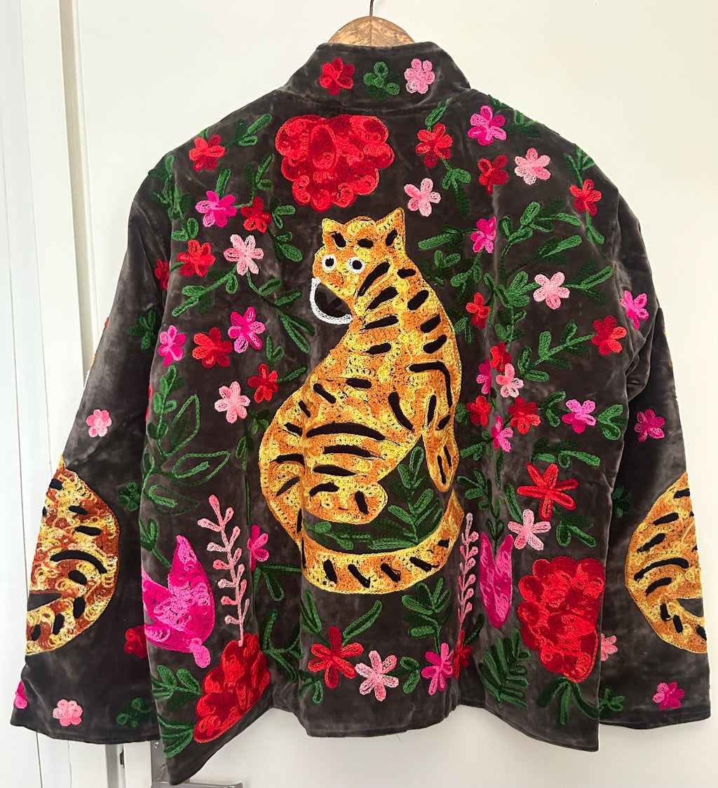 Hand-Embroidered Tiger Velvet Jacket | Floral Statement Jacket