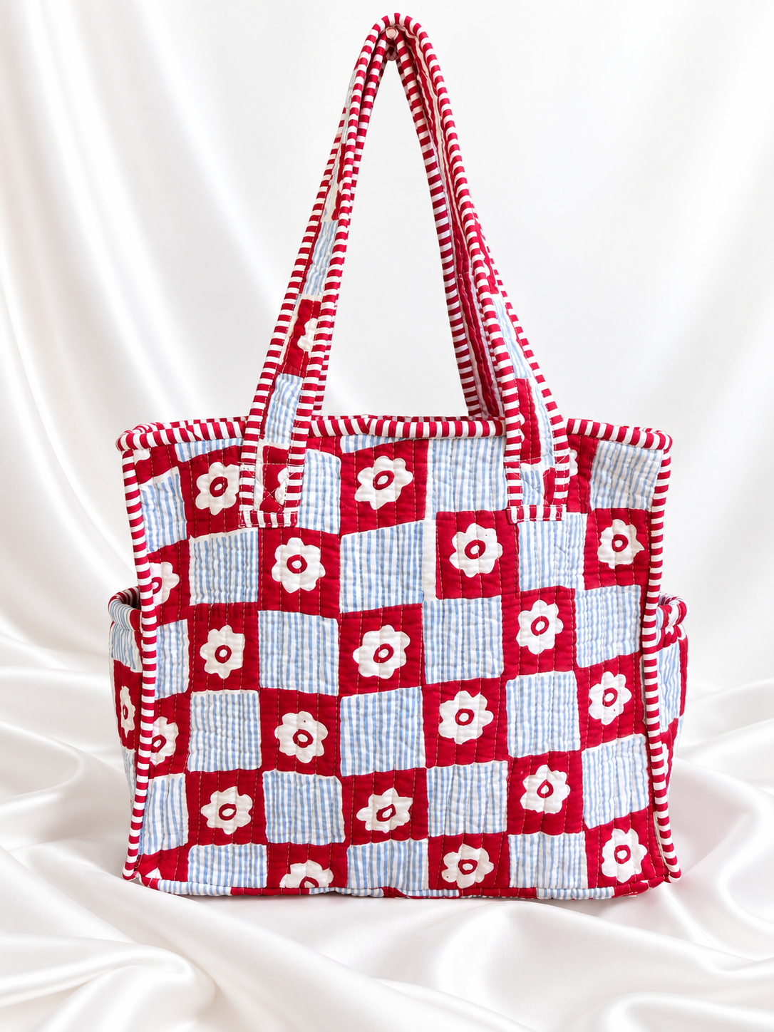 Red & Blue Floral Quilted Small Tote Bag