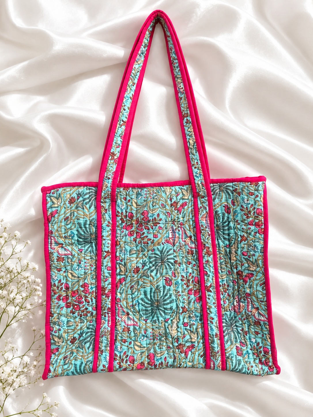 Turquoise Floral Quilted Tote Bag