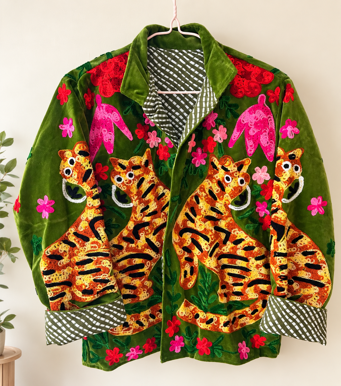 Olive Green Velvet Tiger Embroidered Jacket
