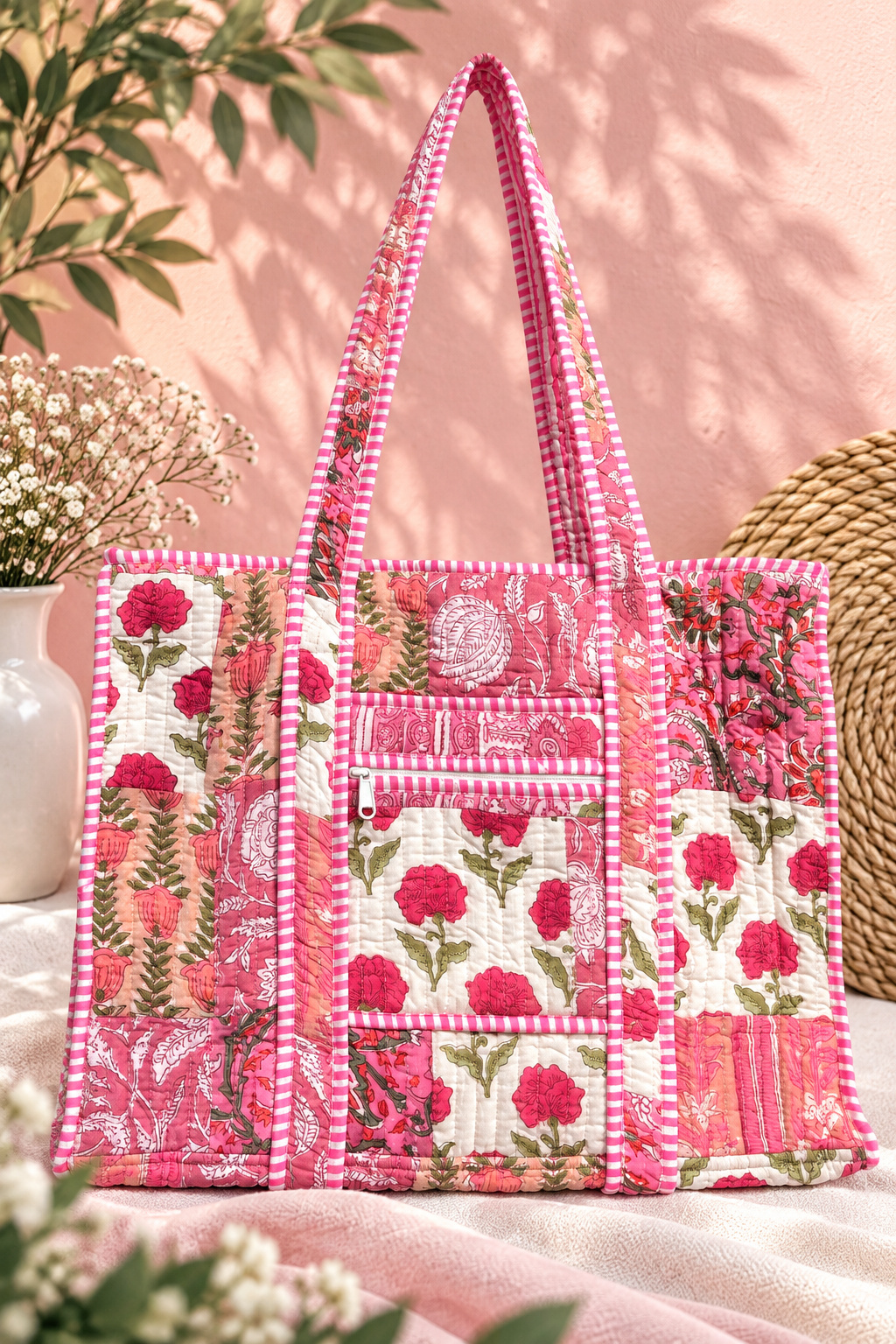 Freyloom Floral Patchwork Tote Bag - Handmade Quilted Cotton Everyday Shoulder Bag